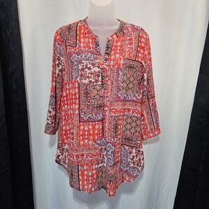 Antica Formae Patchwork Print Tunic Top Women's Size M Red Orange Boho hippie